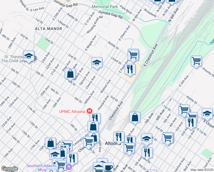 map of restaurants, bars, coffee shops, grocery stores, and more near 213 Walnut Avenue in Altoona