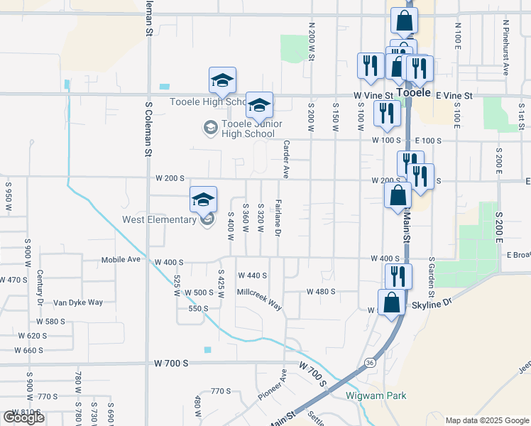 map of restaurants, bars, coffee shops, grocery stores, and more near 289 South 320 West in Tooele