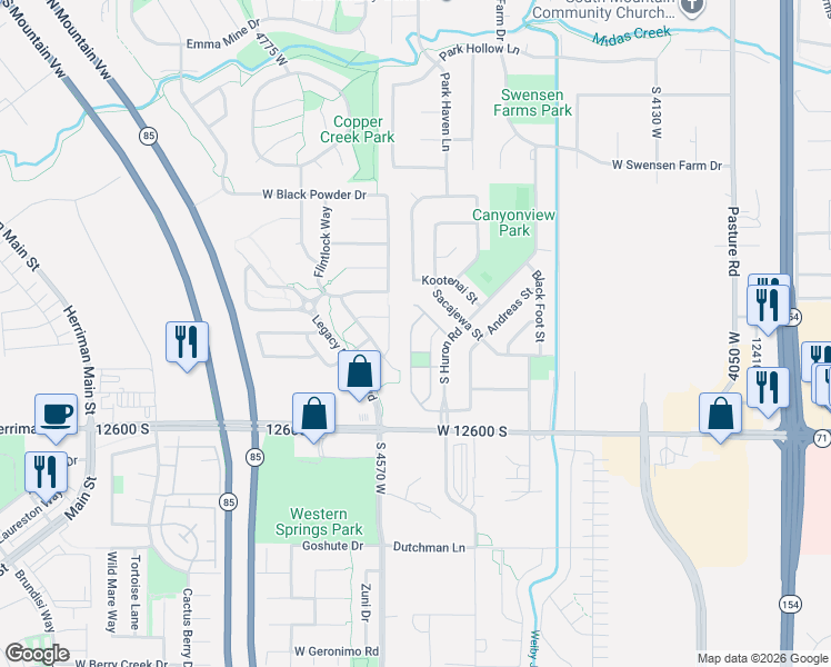 map of restaurants, bars, coffee shops, grocery stores, and more near 12432 Mayan Street in Riverton