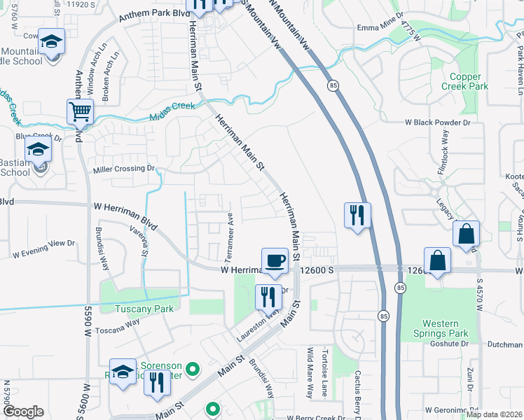 map of restaurants, bars, coffee shops, grocery stores, and more near 5107 West Tessitura Way in Herriman