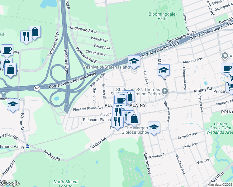 map of restaurants, bars, coffee shops, grocery stores, and more near 135 Dunham Street in Staten Island