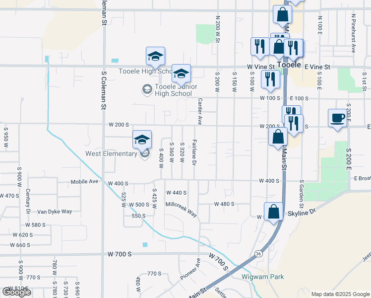 map of restaurants, bars, coffee shops, grocery stores, and more near 289 South 320 West in Tooele