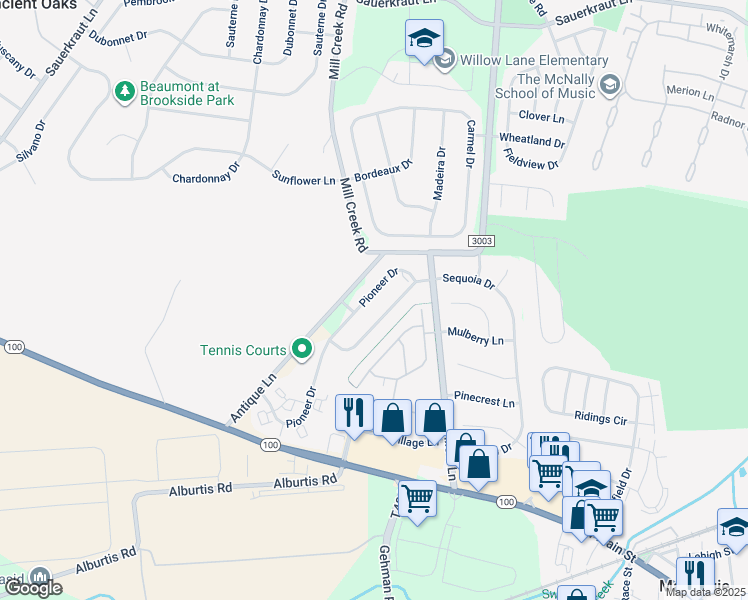map of restaurants, bars, coffee shops, grocery stores, and more near 6490 Pioneer Drive in Macungie