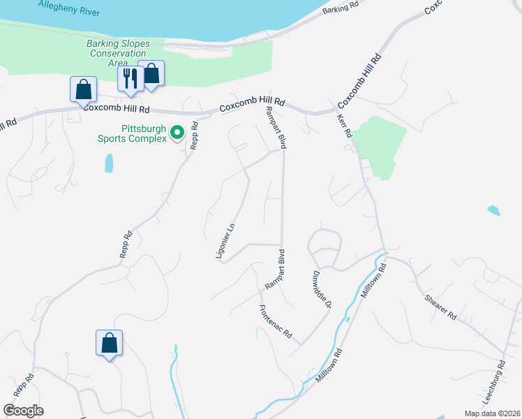 map of restaurants, bars, coffee shops, grocery stores, and more near 122 Venango Court in New Kensington