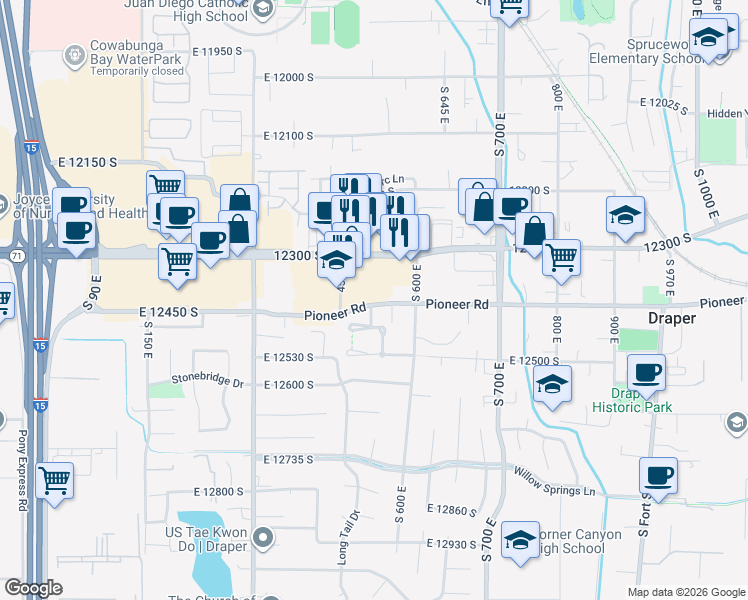 map of restaurants, bars, coffee shops, grocery stores, and more near 527 Pioneer Road in Draper