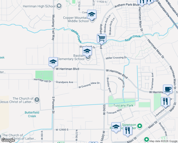 map of restaurants, bars, coffee shops, grocery stores, and more near 12442 South Luzerne Court in Herriman