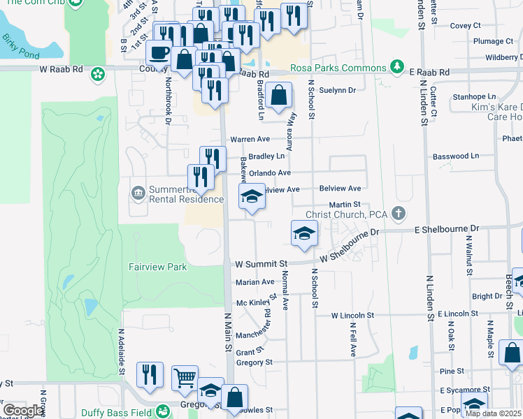 map of restaurants, bars, coffee shops, grocery stores, and more near 416 Fairview Street in Normal