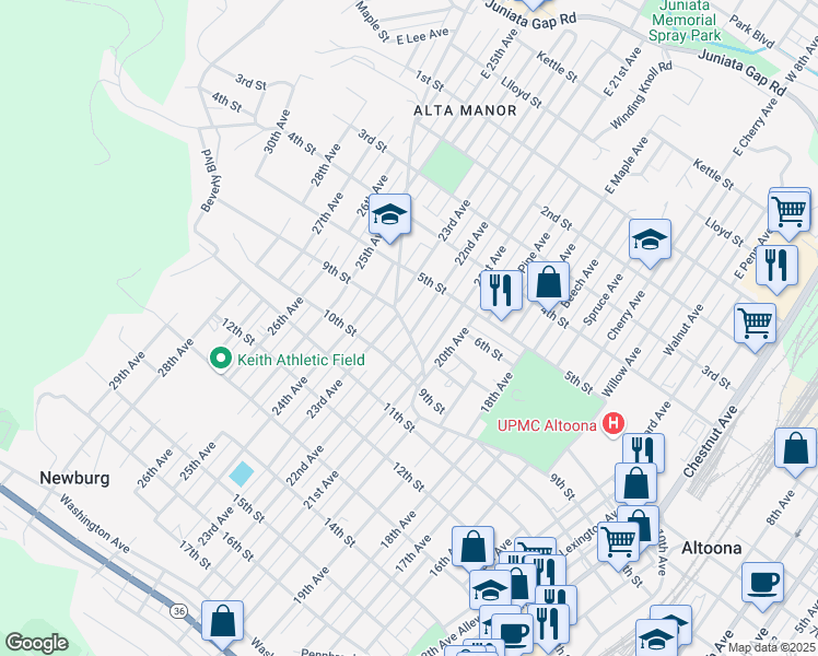 map of restaurants, bars, coffee shops, grocery stores, and more near 540 22nd Avenue in Altoona