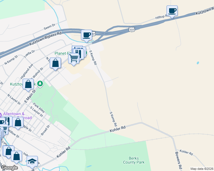 map of restaurants, bars, coffee shops, grocery stores, and more near 107 South Kemp Road in Kutztown