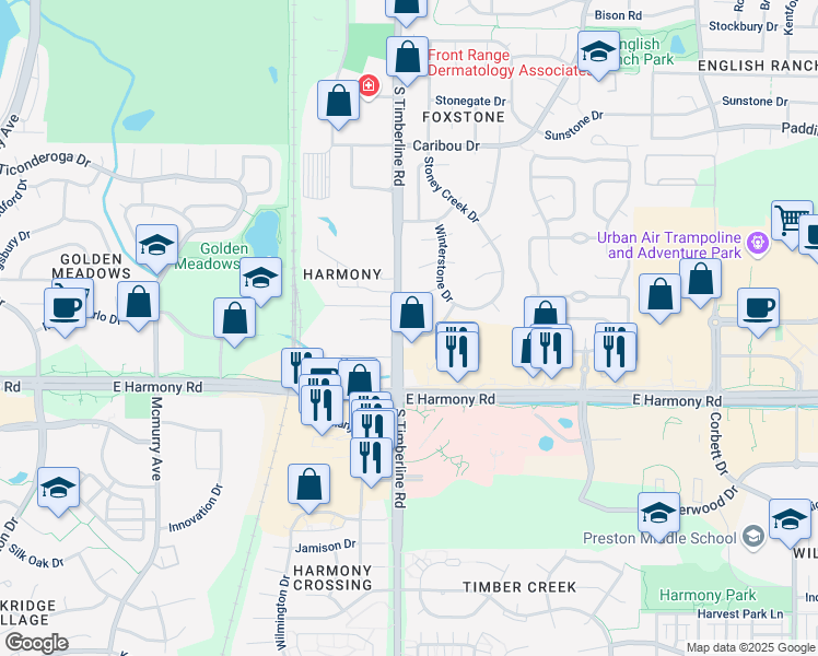 map of restaurants, bars, coffee shops, grocery stores, and more near 2108 Milestone Drive in Fort Collins
