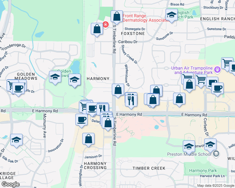 map of restaurants, bars, coffee shops, grocery stores, and more near 2108 Milestone Drive in Fort Collins