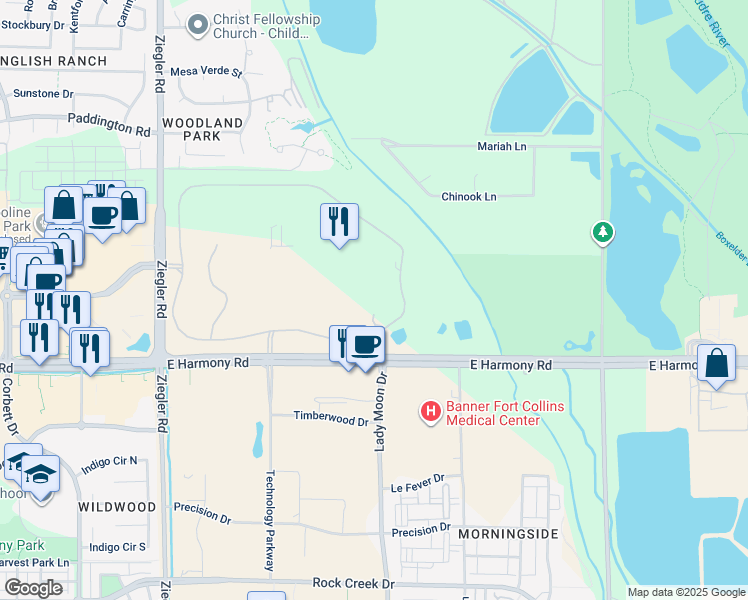 map of restaurants, bars, coffee shops, grocery stores, and more near 4750 Technology Parkway in Fort Collins