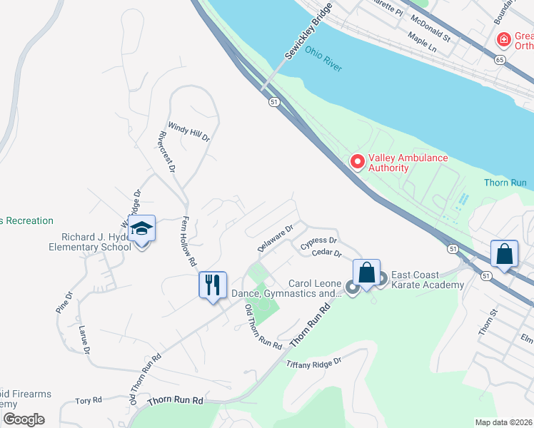 map of restaurants, bars, coffee shops, grocery stores, and more near 244 Oak Drive in Coraopolis