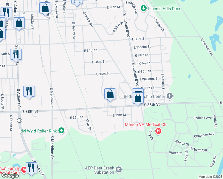 map of restaurants, bars, coffee shops, grocery stores, and more near 3625 South Houck Street in Marion