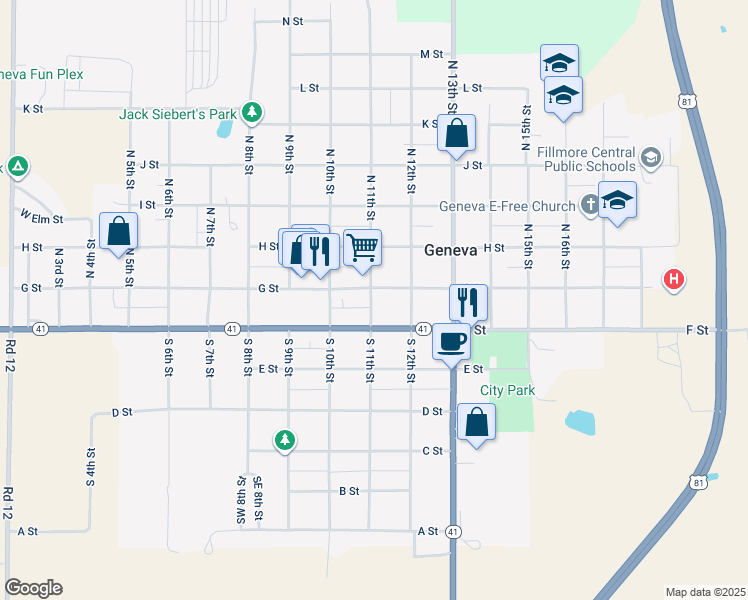 map of restaurants, bars, coffee shops, grocery stores, and more near 1121 G Street in Geneva