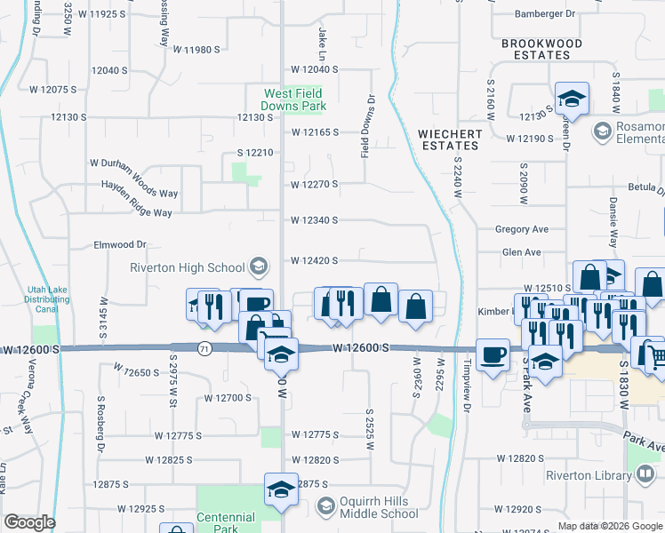 map of restaurants, bars, coffee shops, grocery stores, and more near 2567 West 12420 South in Riverton