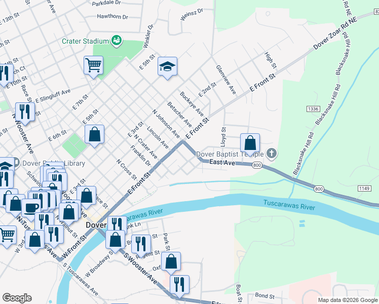 map of restaurants, bars, coffee shops, grocery stores, and more near 120 South Johnson Avenue in Dover