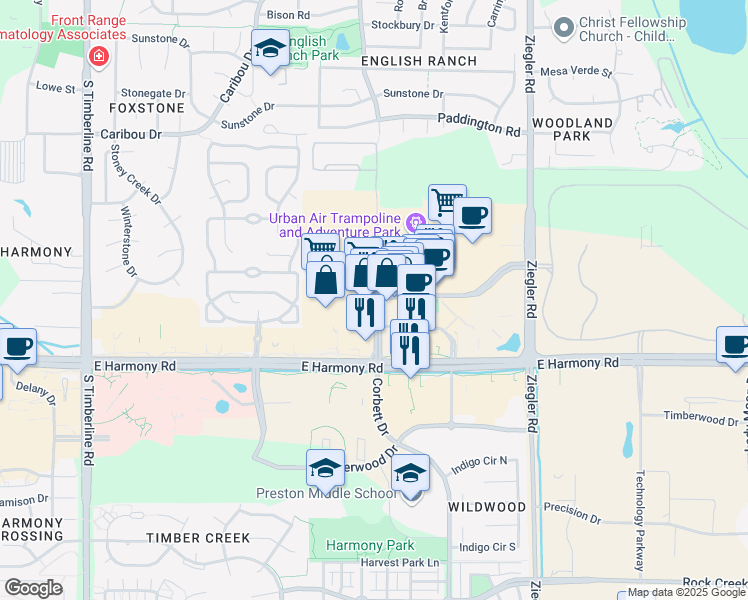map of restaurants, bars, coffee shops, grocery stores, and more near 4333 Corbett Drive in Fort Collins