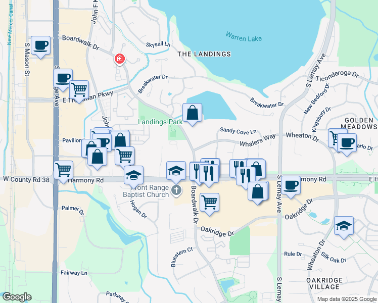 map of restaurants, bars, coffee shops, grocery stores, and more near 4501 East Boardwalk Drive in Fort Collins
