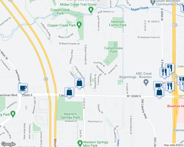 map of restaurants, bars, coffee shops, grocery stores, and more near 12437 Mayan Street in Herriman