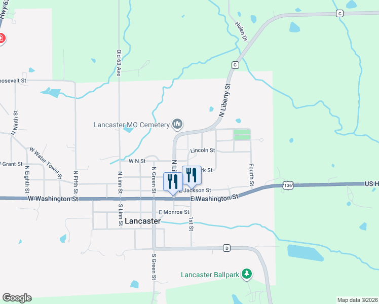 map of restaurants, bars, coffee shops, grocery stores, and more near North Park Street in Lancaster