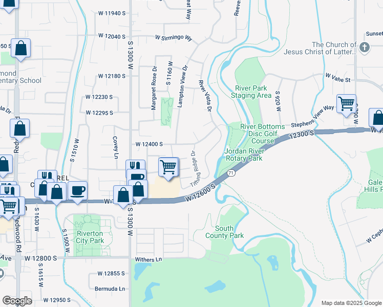 map of restaurants, bars, coffee shops, grocery stores, and more near 12547 Tithing Hill Drive in Riverton