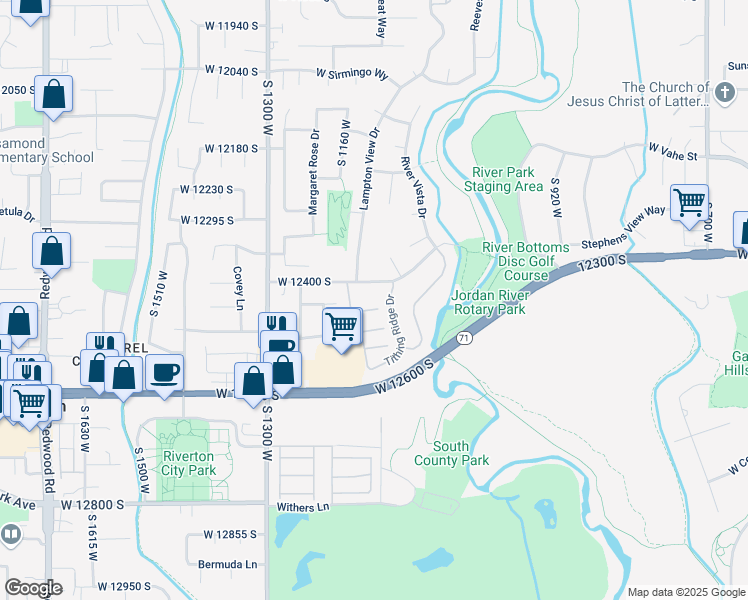 map of restaurants, bars, coffee shops, grocery stores, and more near 1149 West 12400 South in Riverton