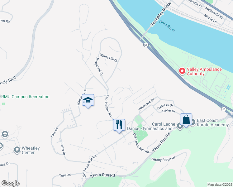 map of restaurants, bars, coffee shops, grocery stores, and more near 800 Kris Drive in Coraopolis