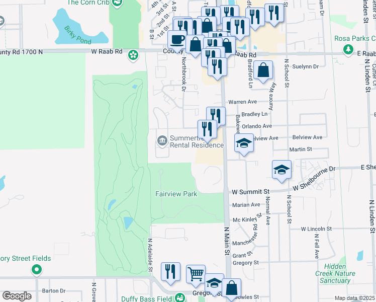 map of restaurants, bars, coffee shops, grocery stores, and more near 625 Orlando Avenue in Normal