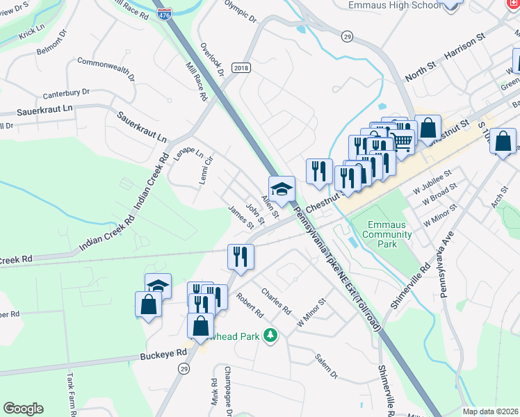 map of restaurants, bars, coffee shops, grocery stores, and more near 3799 John Street in Emmaus