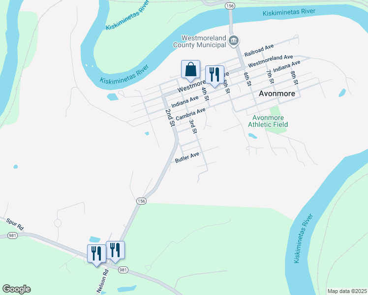 map of restaurants, bars, coffee shops, grocery stores, and more near 154 Pennsylvania 156 in Avonmore