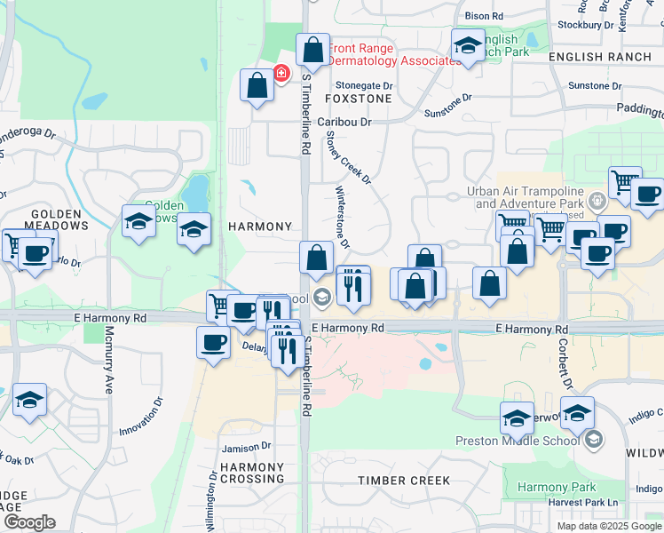 map of restaurants, bars, coffee shops, grocery stores, and more near 2126 Milestone Drive in Fort Collins