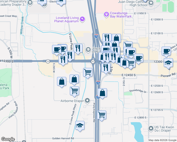 map of restaurants, bars, coffee shops, grocery stores, and more near 12352 Pony Express Road in Draper