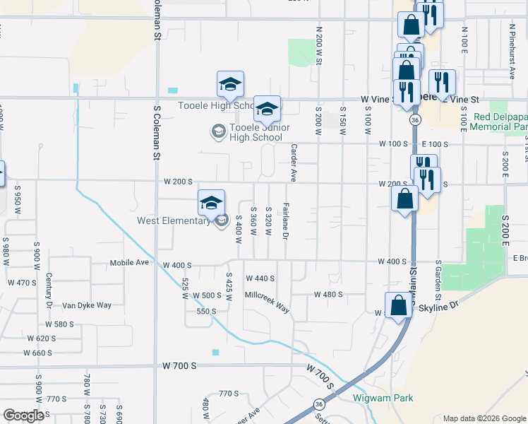 map of restaurants, bars, coffee shops, grocery stores, and more near 280 South 320 West in Tooele