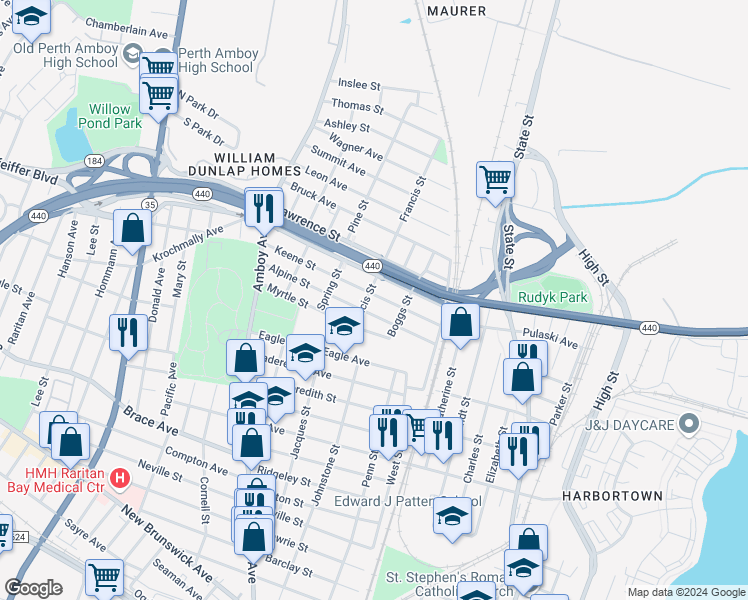 map of restaurants, bars, coffee shops, grocery stores, and more near 357 Keene Street in Perth Amboy