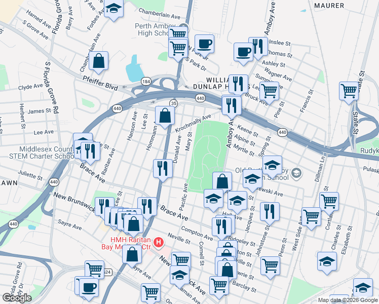 map of restaurants, bars, coffee shops, grocery stores, and more near 724 Mary Street in Perth Amboy