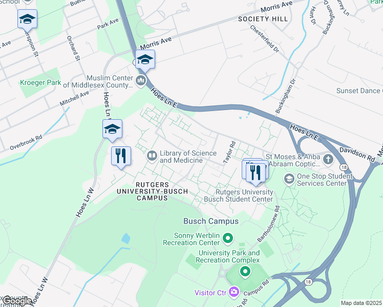 map of restaurants, bars, coffee shops, grocery stores, and more near 189-199 Bevier Road in Piscataway Township