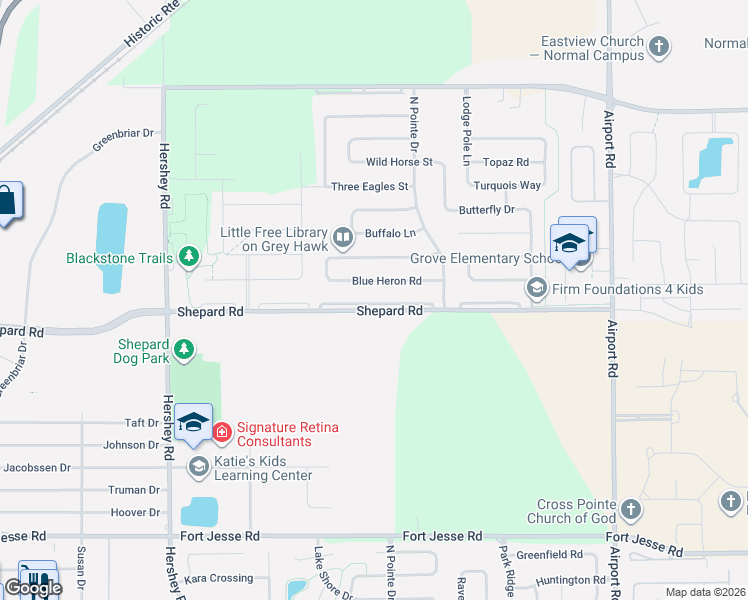 map of restaurants, bars, coffee shops, grocery stores, and more near 2924 Shepard Road in Normal