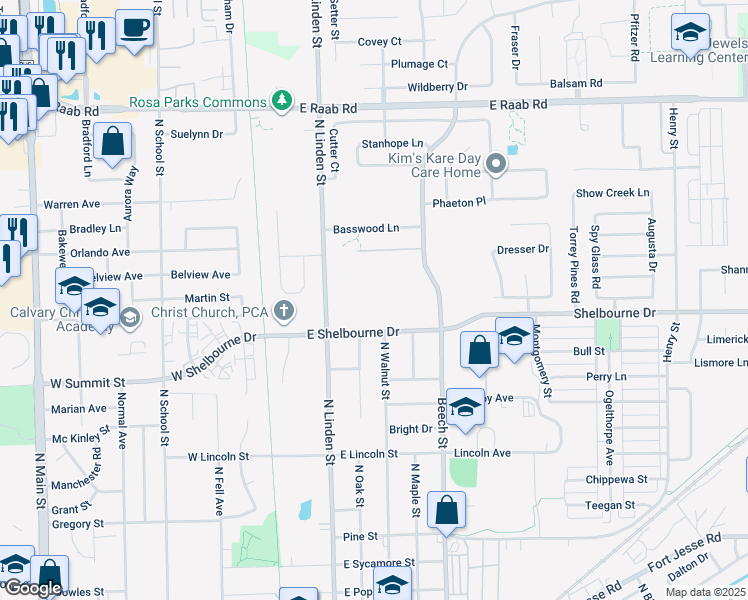 map of restaurants, bars, coffee shops, grocery stores, and more near 300 East Shelbourne Drive in Normal