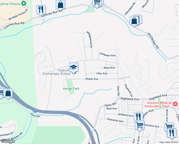 map of restaurants, bars, coffee shops, grocery stores, and more near 136 Lilac Avenue in Pittsburgh