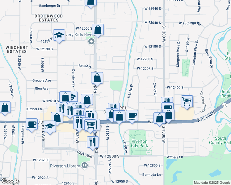 map of restaurants, bars, coffee shops, grocery stores, and more near 12433 Riverton Drive in Riverton