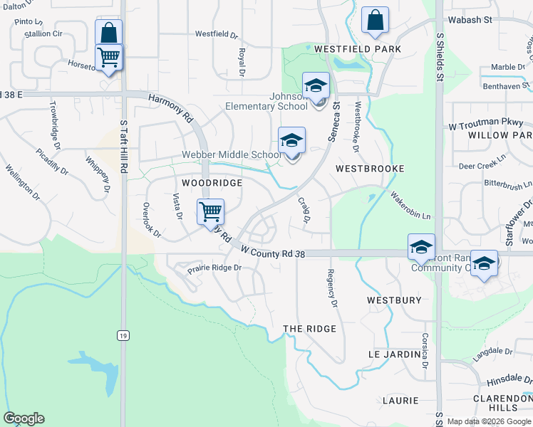 map of restaurants, bars, coffee shops, grocery stores, and more near 4500 Seneca Street in Fort Collins