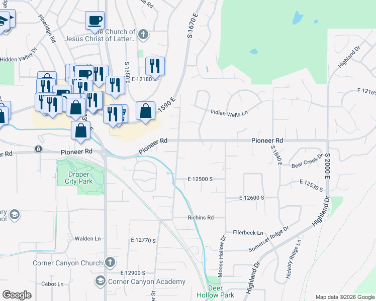 map of restaurants, bars, coffee shops, grocery stores, and more near 12363 South 1565 East in Draper