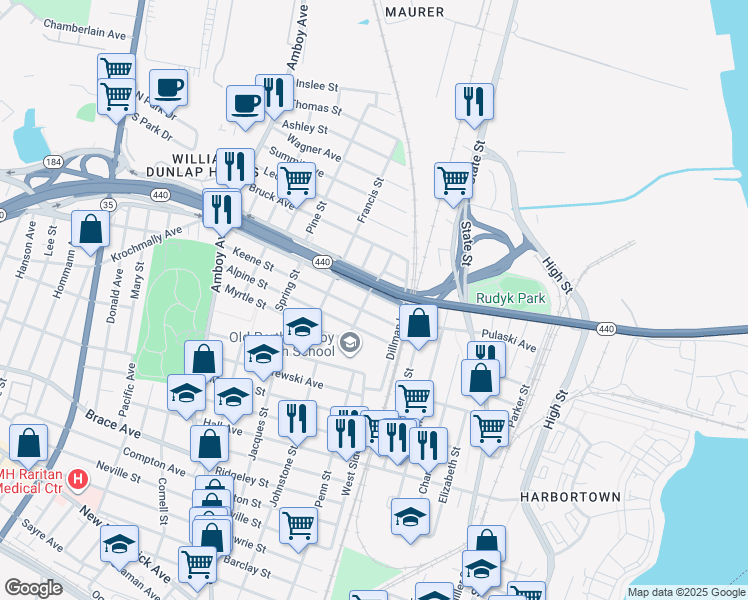 map of restaurants, bars, coffee shops, grocery stores, and more near 313 Grove Street in Perth Amboy