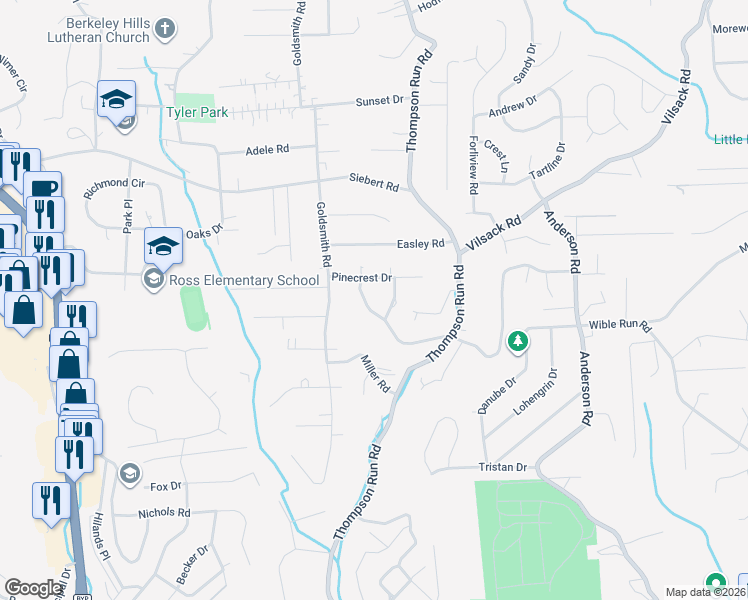 map of restaurants, bars, coffee shops, grocery stores, and more near 117 Sunnyhill Dr in Pittsburgh