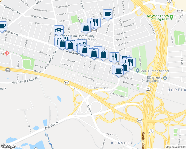 map of restaurants, bars, coffee shops, grocery stores, and more near 2 William Street in Woodbridge Township