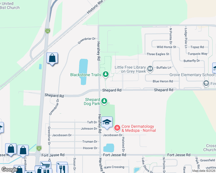map of restaurants, bars, coffee shops, grocery stores, and more near 2412 Shepard Road in Normal