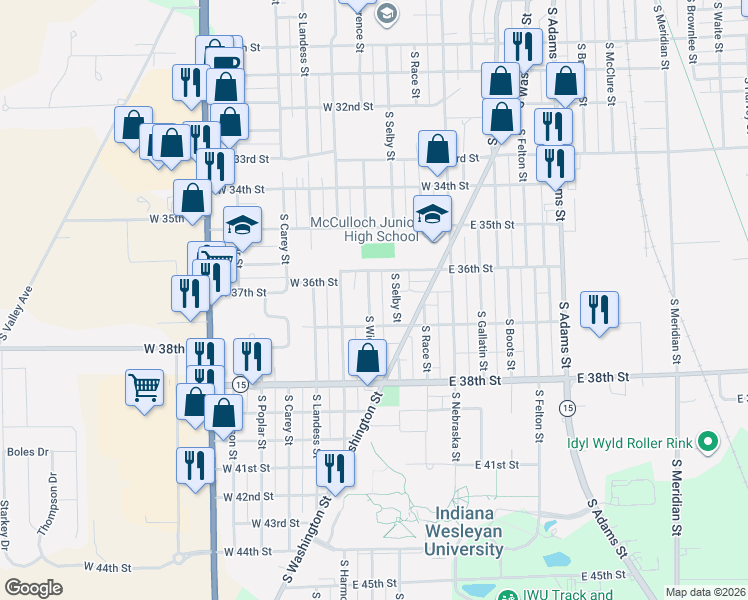 map of restaurants, bars, coffee shops, grocery stores, and more near 3617 South Wigger Street in Marion