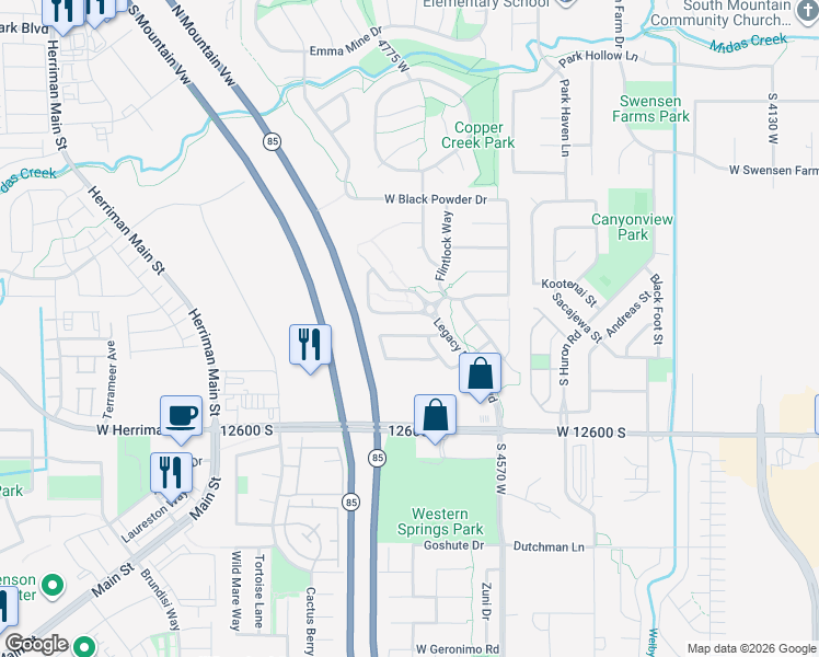 map of restaurants, bars, coffee shops, grocery stores, and more near 4722 Liberation Drive in Herriman