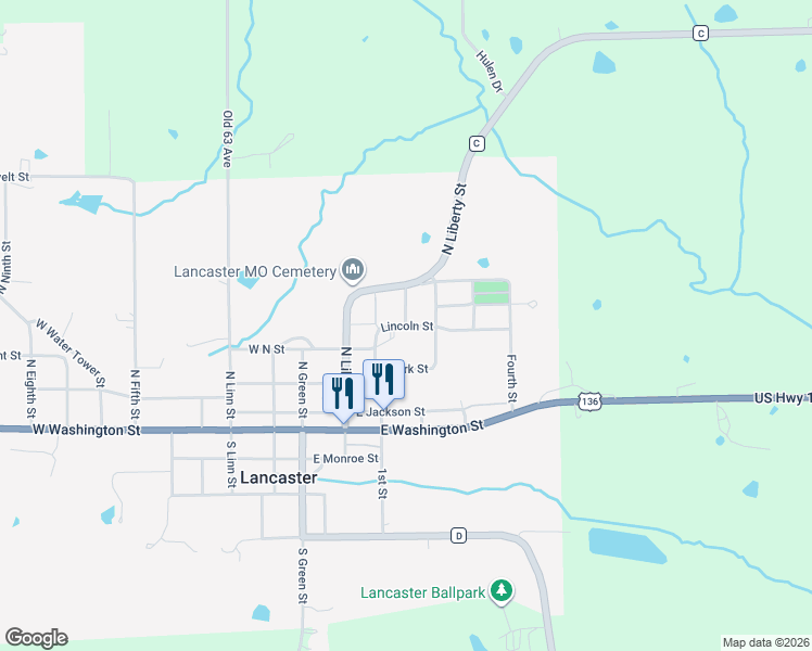 map of restaurants, bars, coffee shops, grocery stores, and more near North Park Street in Lancaster